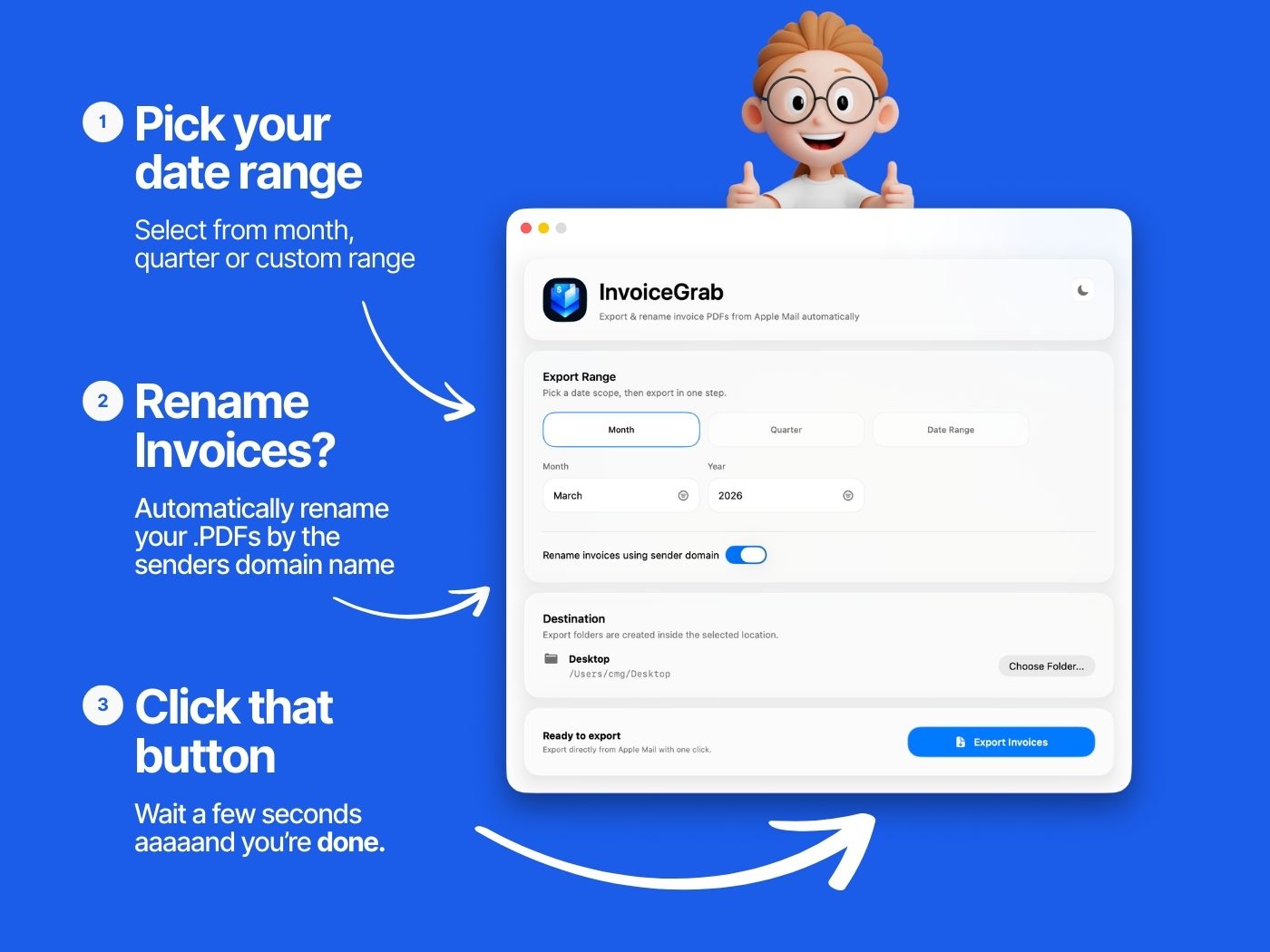InvoiceGrab app showing how to pick a date range and export all PDF invoices from Apple Mail